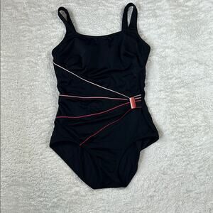 Roxanne Bra sized gathered brooch one piece suit swimsuit, size 34C